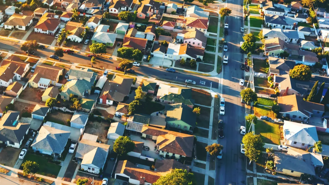 Aerial view of of a residential neighborhood in Hawthorne, in Los Angeles, CA.