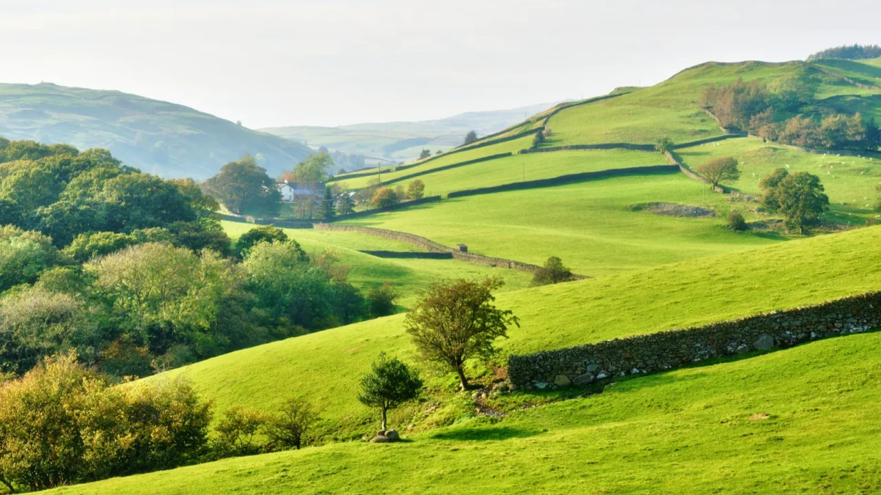 rolling countryside around a farm