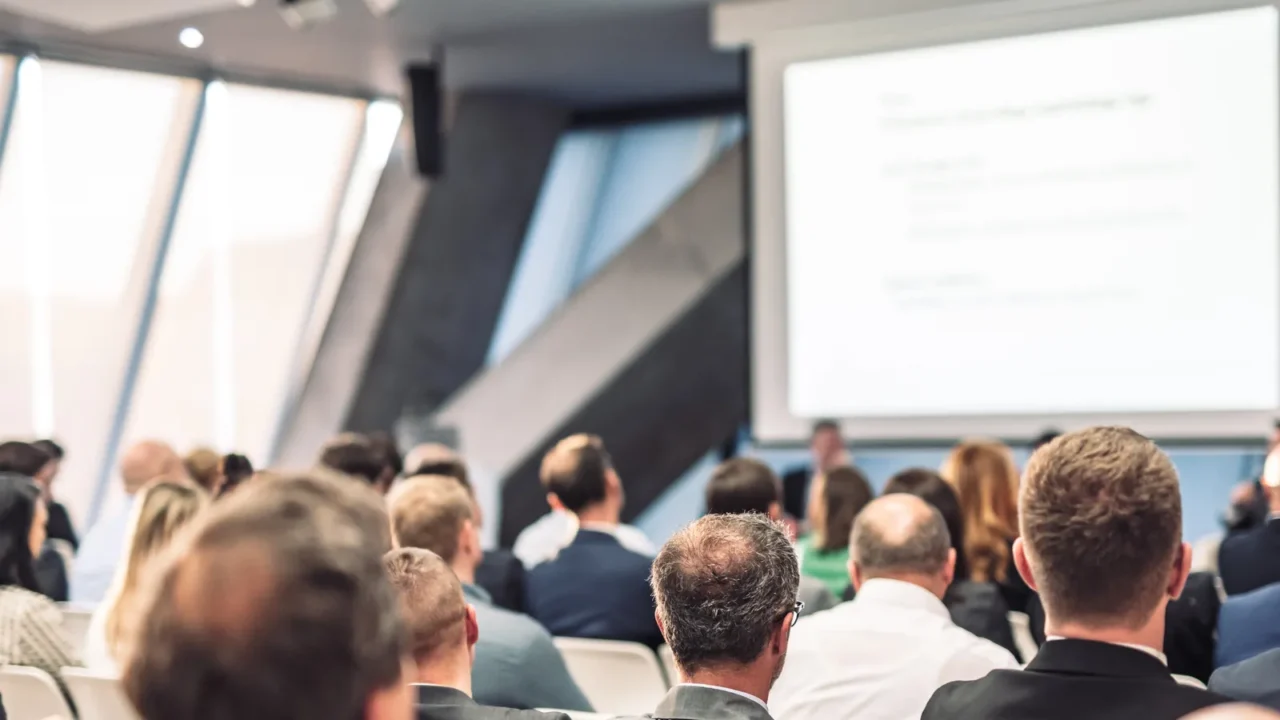 round table discussion at business convention and presentation audience at