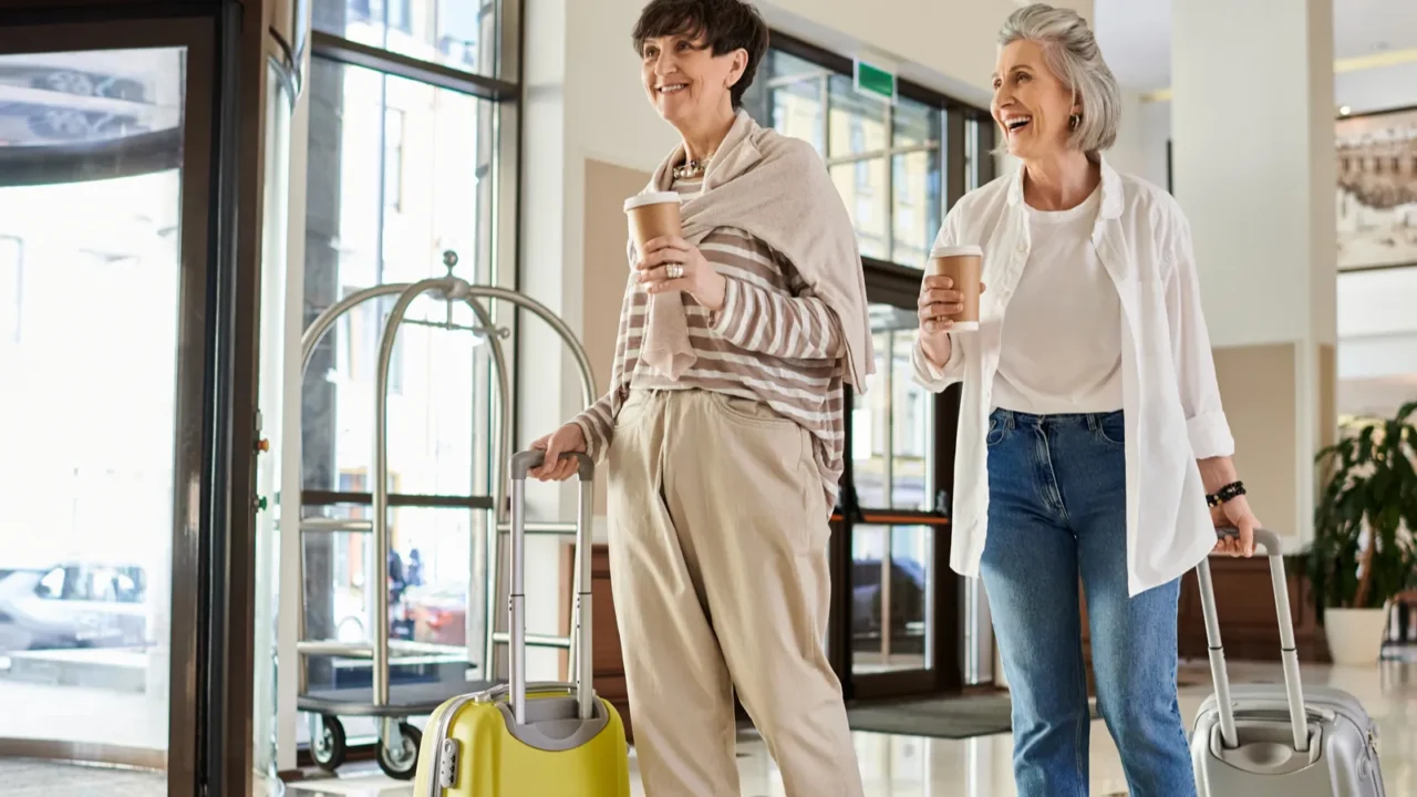 senior lesbian couple with luggage standing affectionately