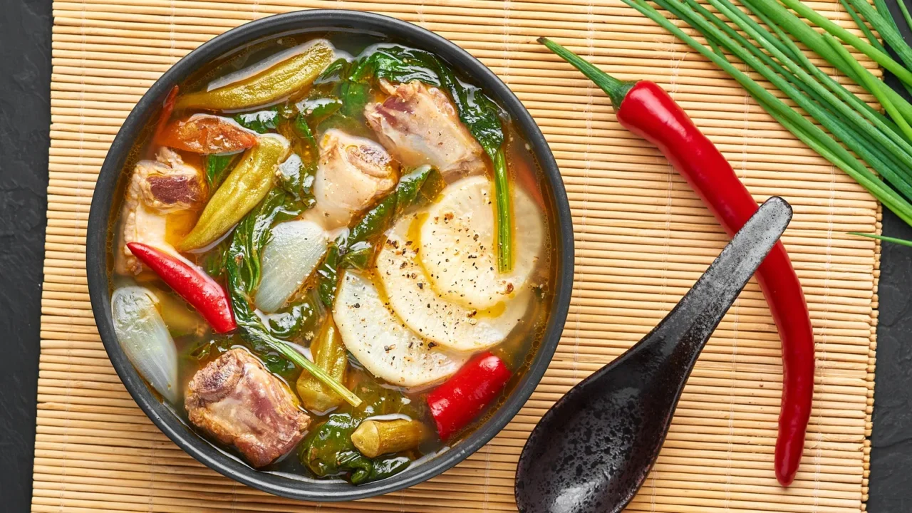 sinigang na baboy or filipino pork meat soup in black