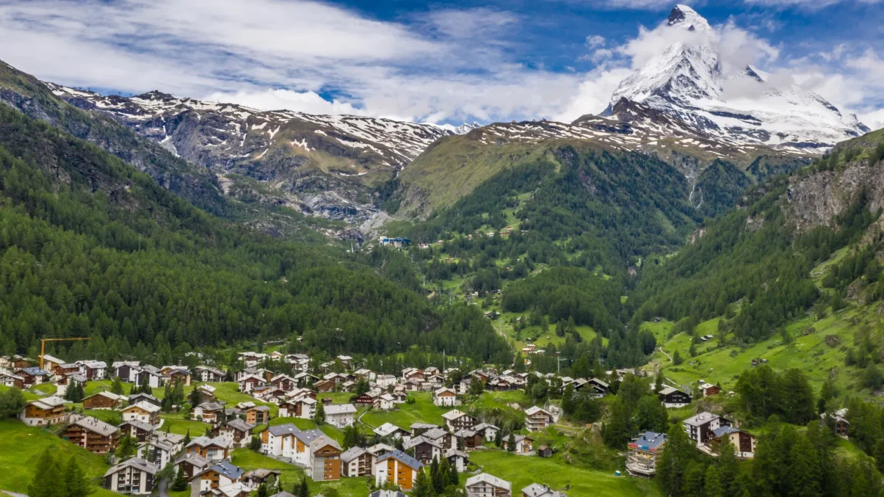 spectacular scenery of zermatt valley and matterhorn peak in morning