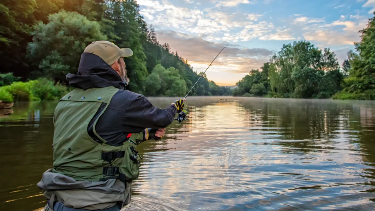 sport fisherman hunting fish outdoor fishing in river