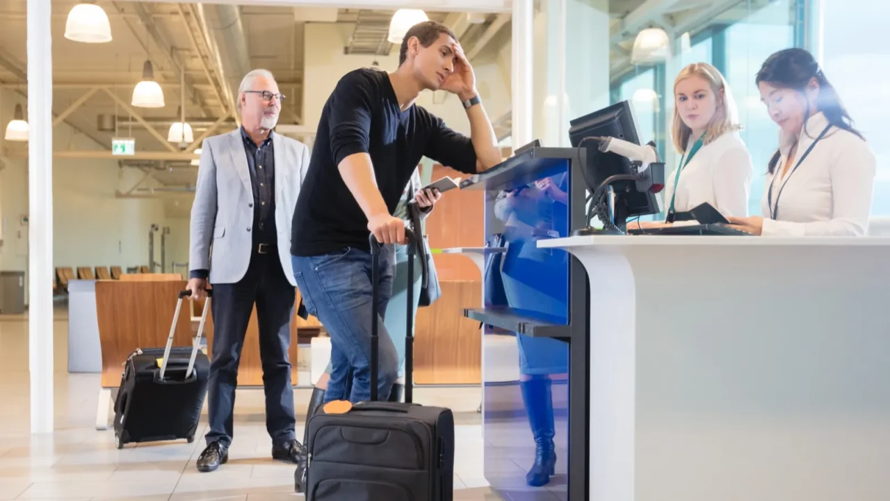 staff checking passport of male passenger at counter in airport