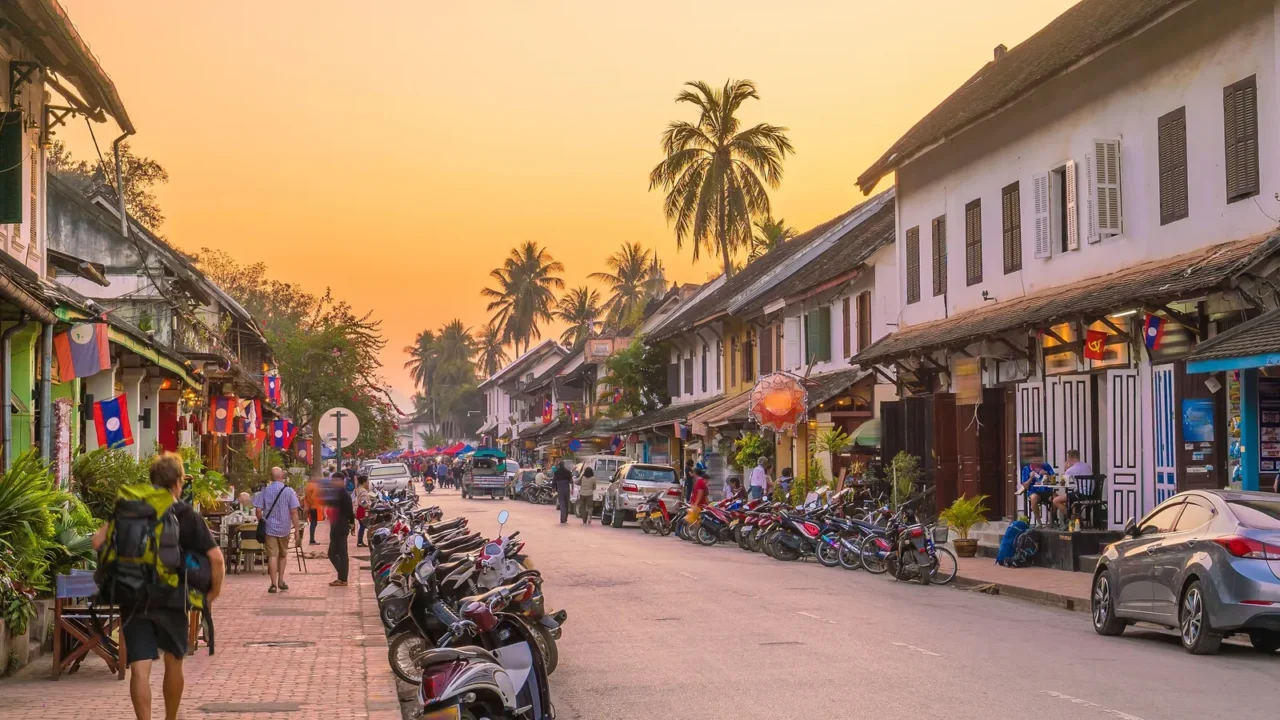 street in old town luang prabang laos at sunset