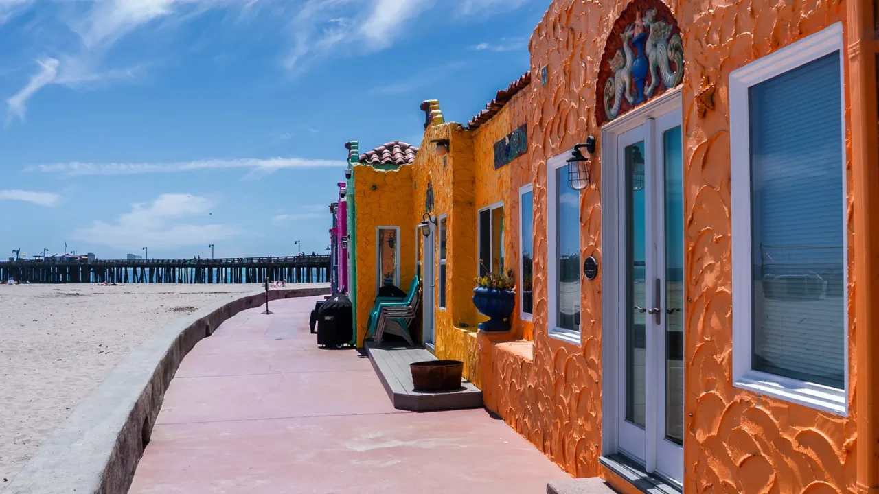 stucco cottages of capitola venetian court show orange and yellow
