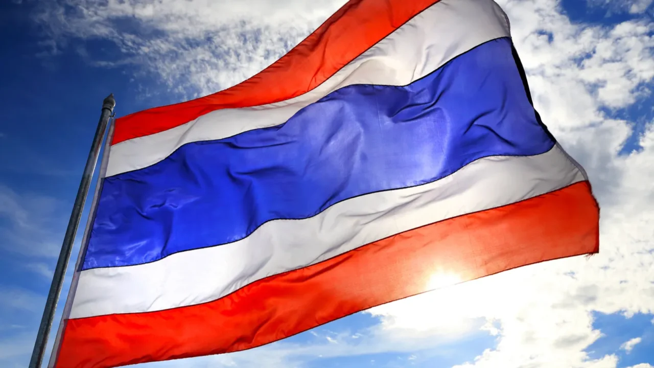 thailand flag waving in the wind with beautiful blue sky