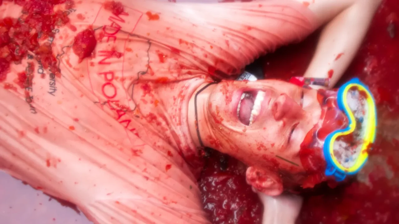 the man lies and laughs in crushed tomatoes on the