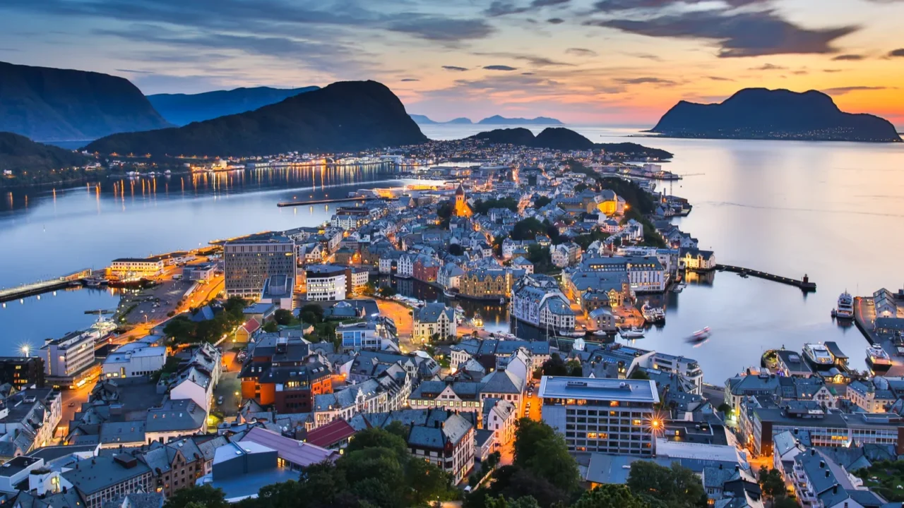 top view of the city of alesund at sunset