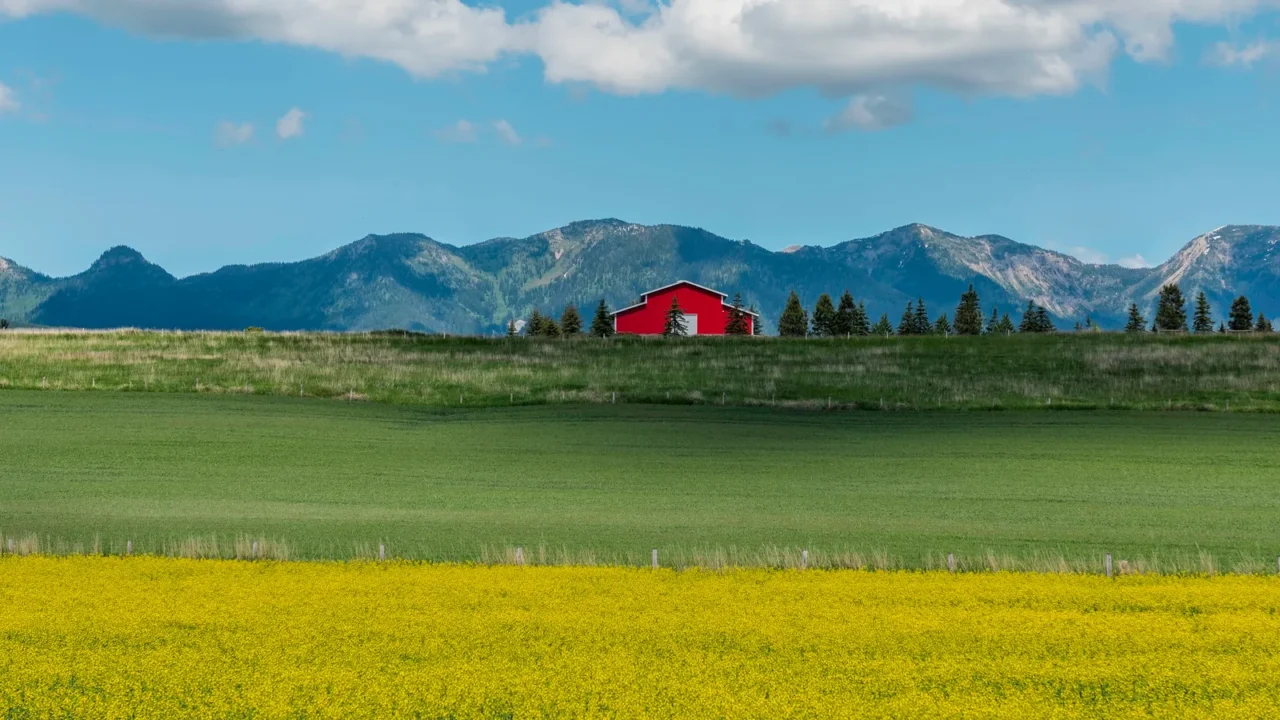 typical red barn on the hill in front of high