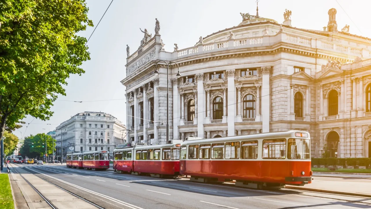 wiener ringstrasse with burgtheater and tram at sunrise vienna austria
