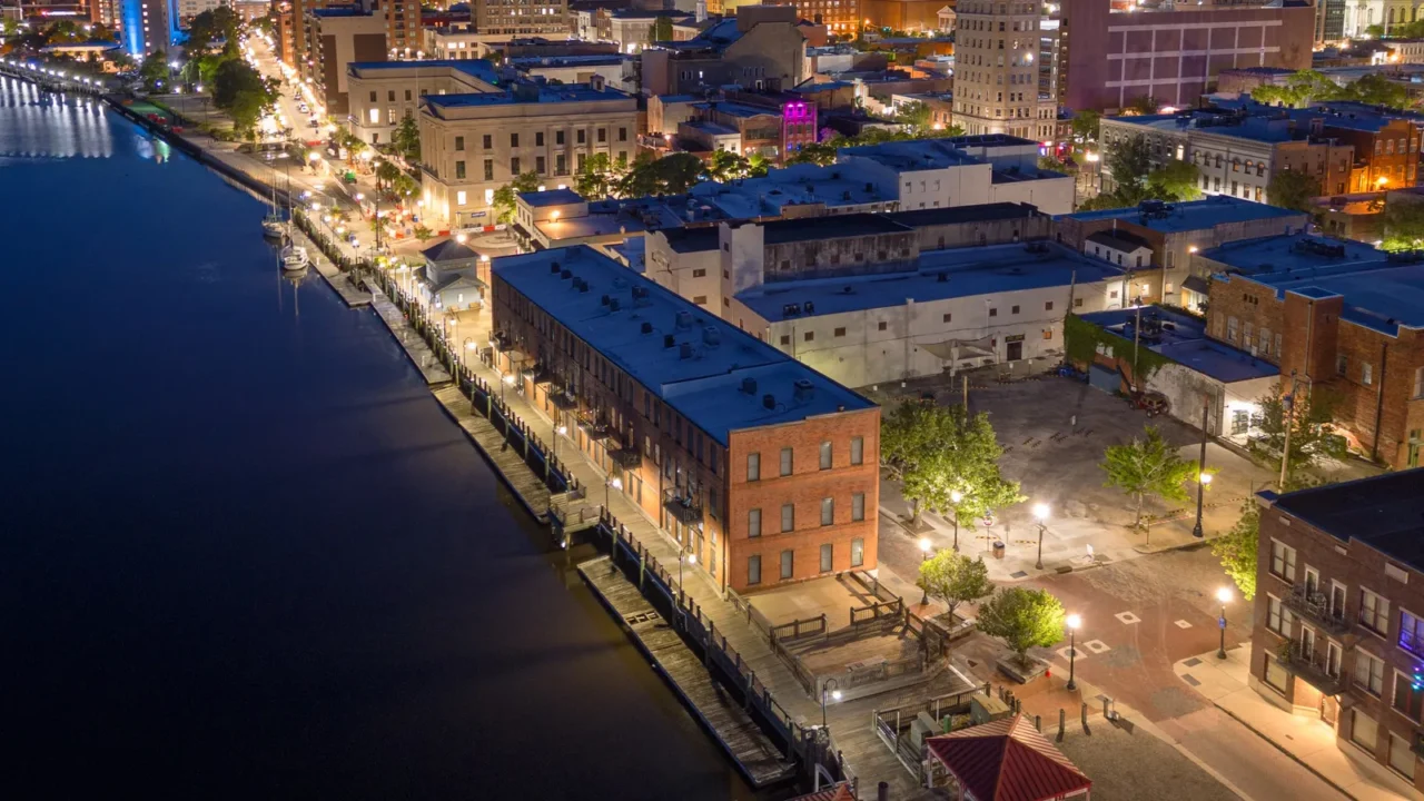 wilmington north carolina usa aerial cityscape over the cape fear