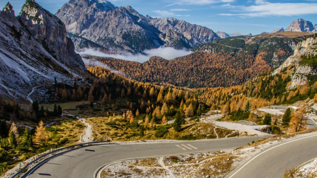 winding road in colorful forestdolomitesitaly