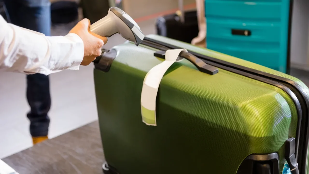 woman scanning tag on luggage at airport checkin