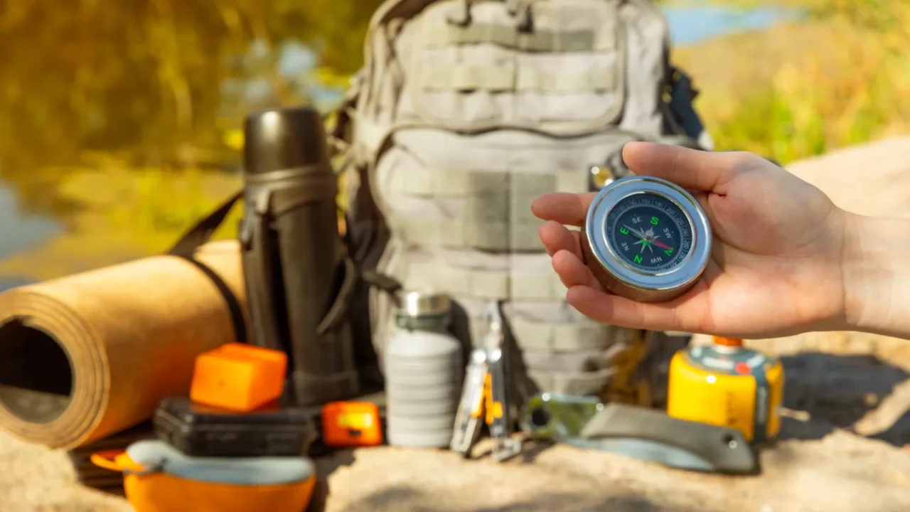 woman traveler holding a compass in her hand in the