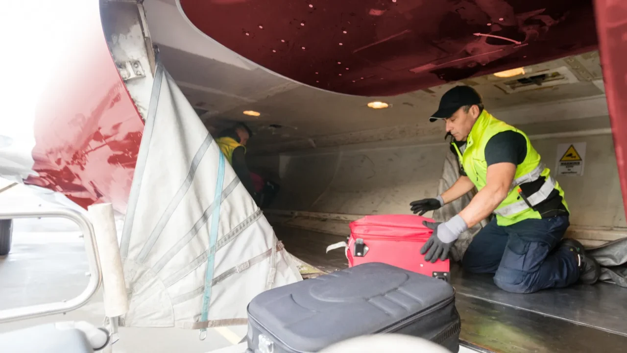 worker kneeling while unloading airplane