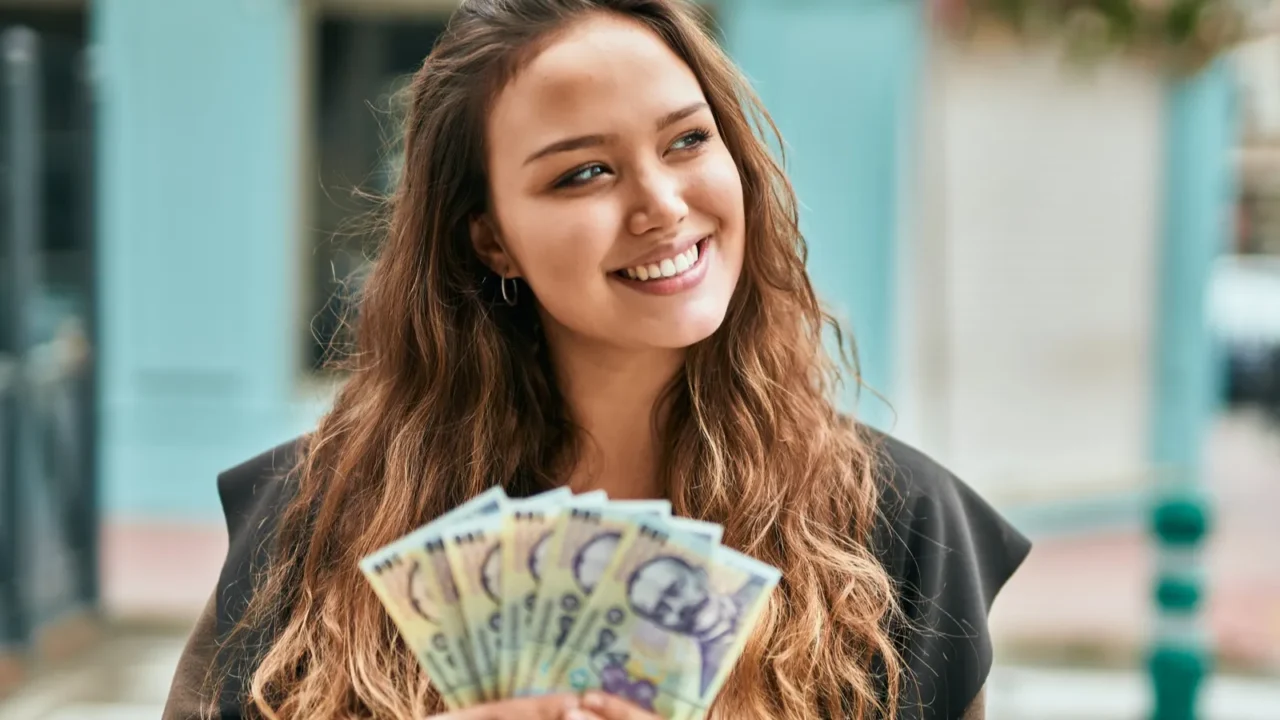 young hispanic woman smiling happy holding romania leu banknotes at