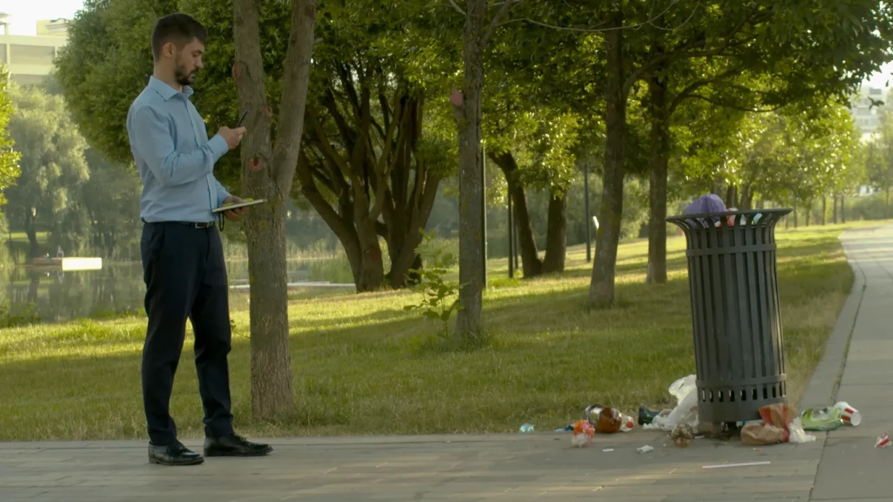 young inspector photographs the dirty trash can