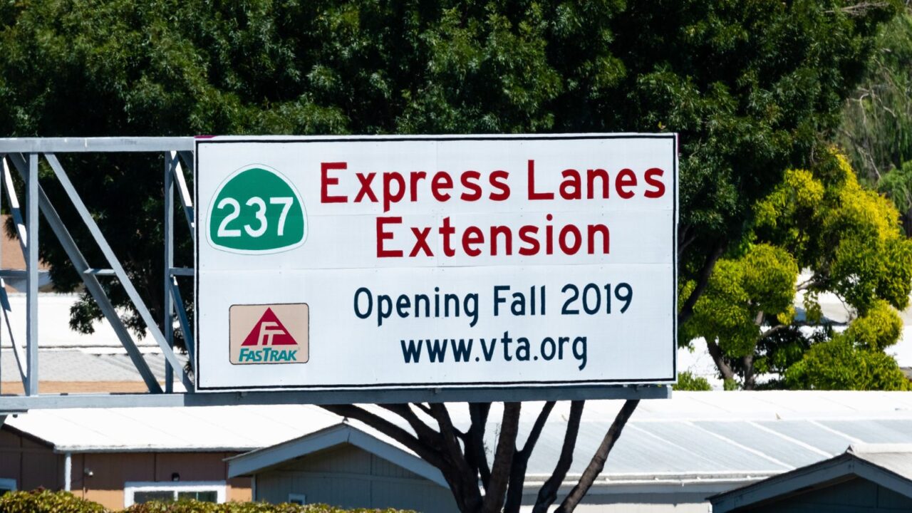Express Lanes Extension sign on Highway 237 near Levi’s Stadium in Sunnyvale, California.