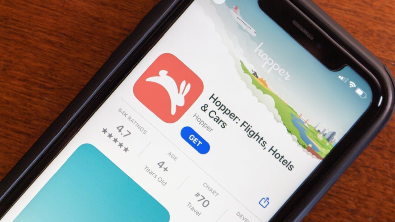Vancouver, CANADA - Apr 16 2024 : Hopper app seen in the App Store on an iPhone. The Hopper app is a travel booking platform to help users find the best deals on flights, hotels, and car rentals