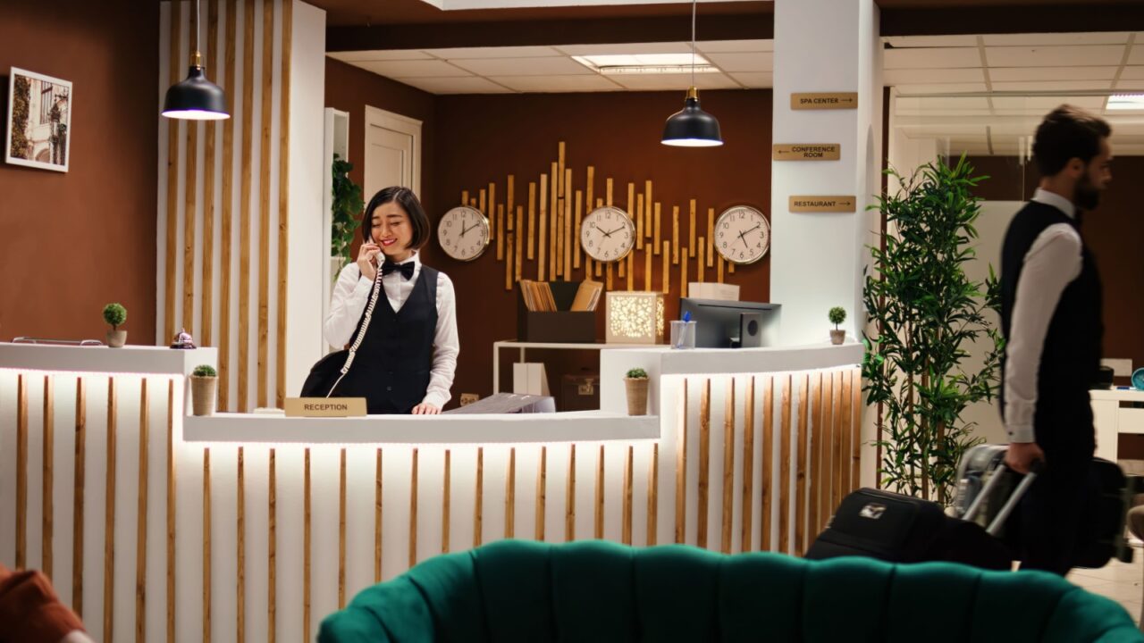 Happy professional hotel personnel doing various administrative tasks in stylish hotel reception. Asian receptionist taking room booking phone calls and bellboy carrying tourist luggage