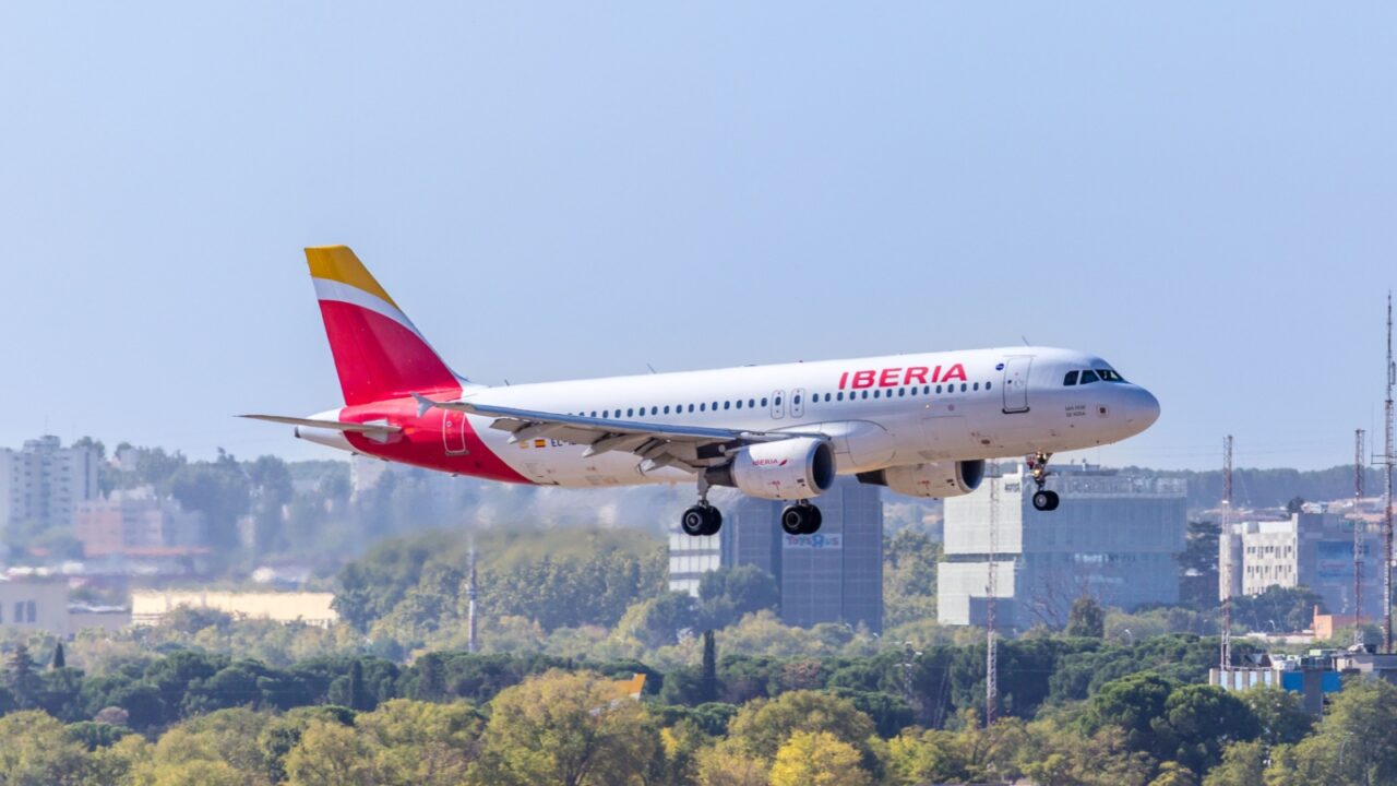 Madrid, Spain - October 07, 2025: An Iberia plane taking off from Adolfo Suarez Madrid Barajas Airport in Madrid, Spain.