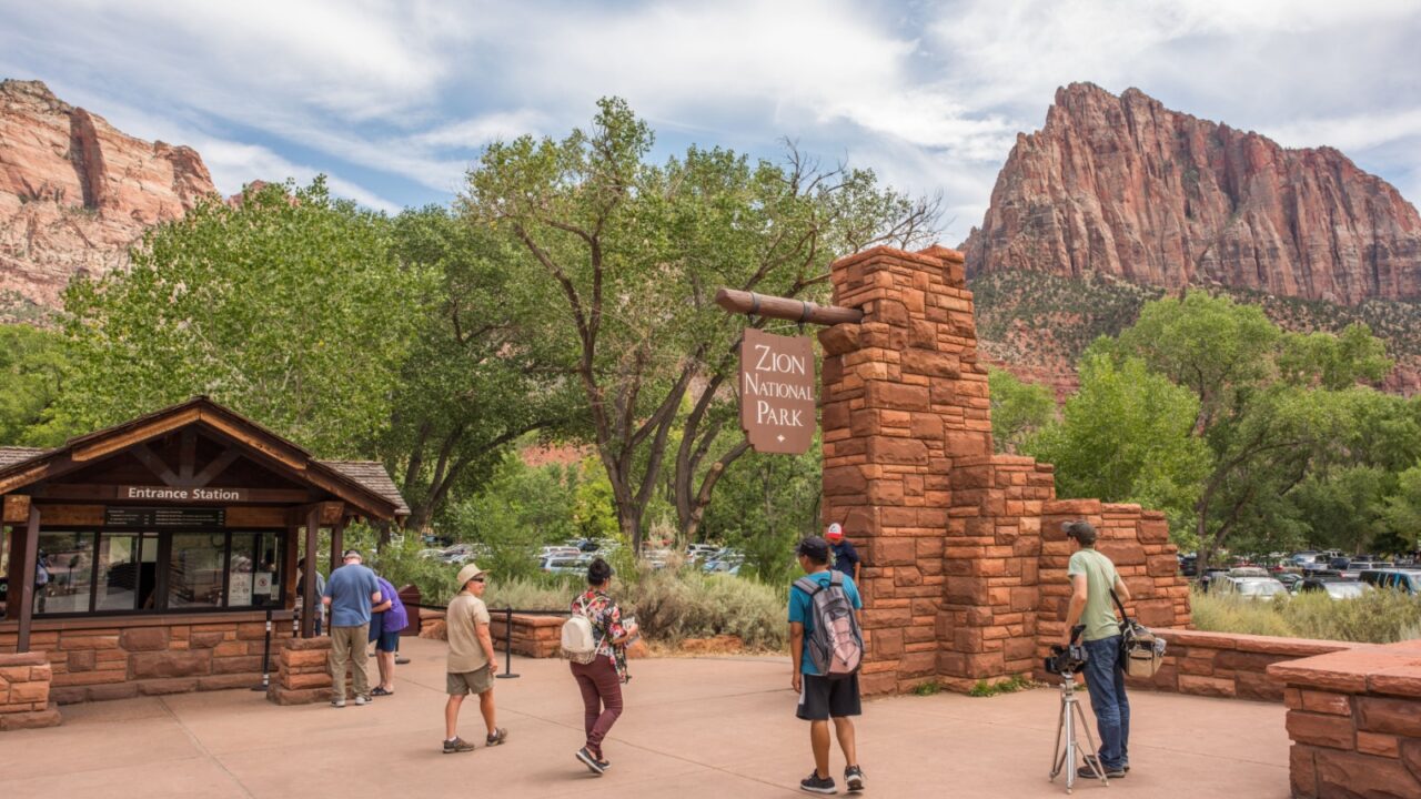 Springdale, Utah: July 24, 2017: Entrance to Zion National Park. Zion National Park was established by an act of Congress in 1919.