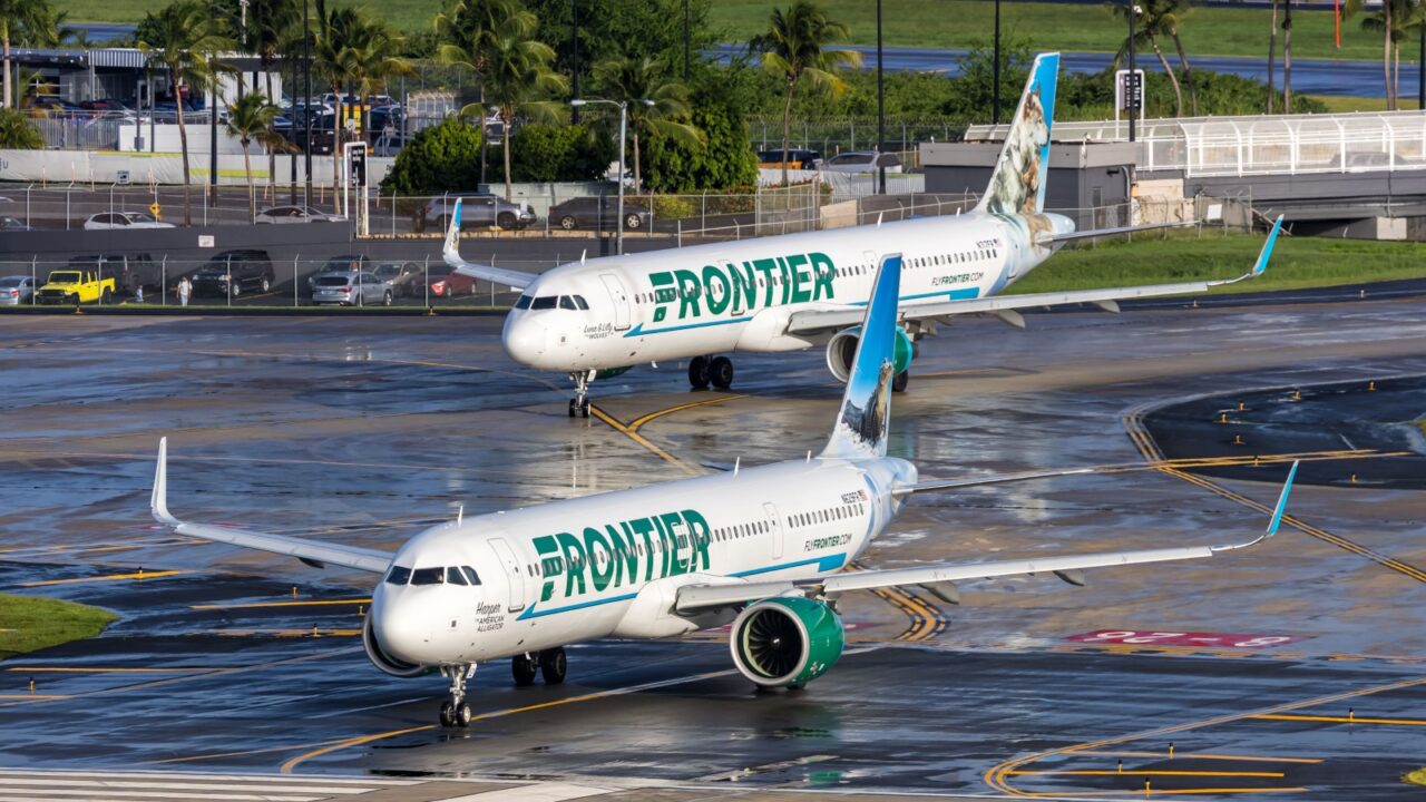San Juan, Puerto Rico - August 3, 2025: Frontier Airlines Airbus A321neo airplanes at San Juan airport in Puerto Rico.