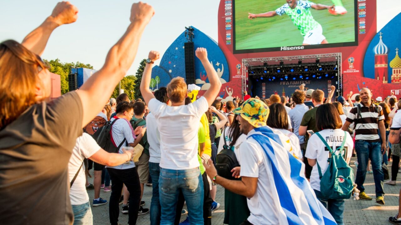 MOSCOW, JUNE 22, 2018. Football fans in Fan Zone. The period of the International FIFA World Cup 2018 in Russia.