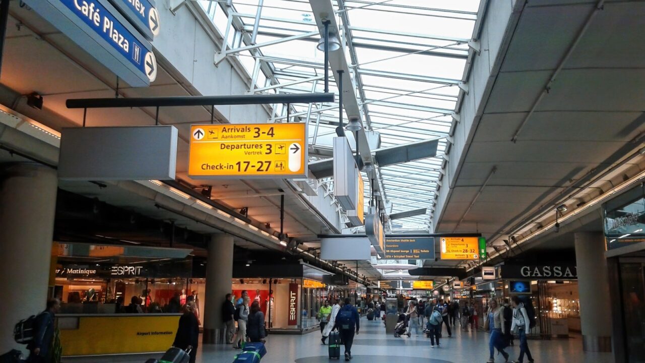 Interior view from Amsterdam Airport Schiphol, the main international airport of the Netherlands, and is one of the major hubs for the SkyTeam airline alliance.