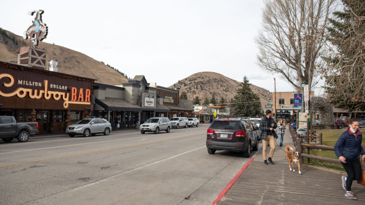Jackson, Wyoming: November 8, 2021: Traffic and rural life in the town of Jackson, Wyoming. The population of Jackson is 10,996.