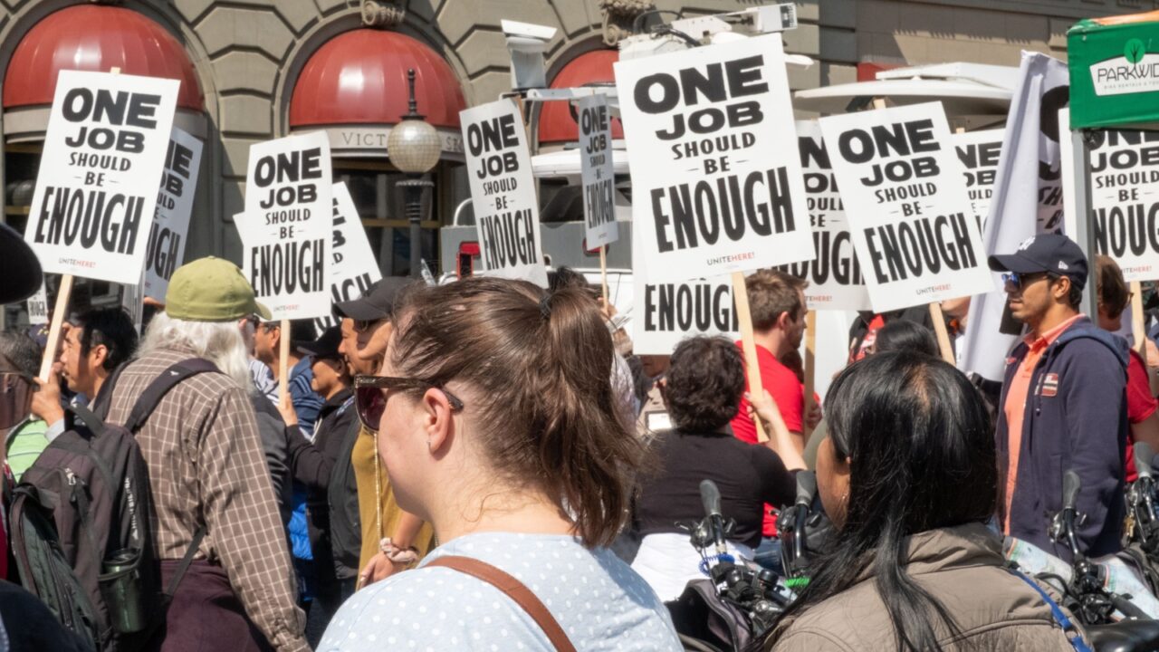 SAN FRANCISCO, CA/USA- SEPTEMBER 3, 2018: Hundreds of union represented hotel workers protest outside of the J.W. Marriott's Westin St. Francis hotel in San Francisco's Union Square on Labor Day.