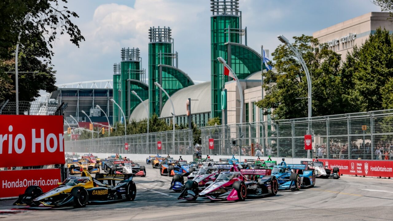 Jul 21, 2024-Toronto, ON; NTT INDYCAR SERIES driver, \\, travels through the turns during a practice session for the Ontario Honda Dealers Indy Toronto at Streets of Toronto in Toronto ON.