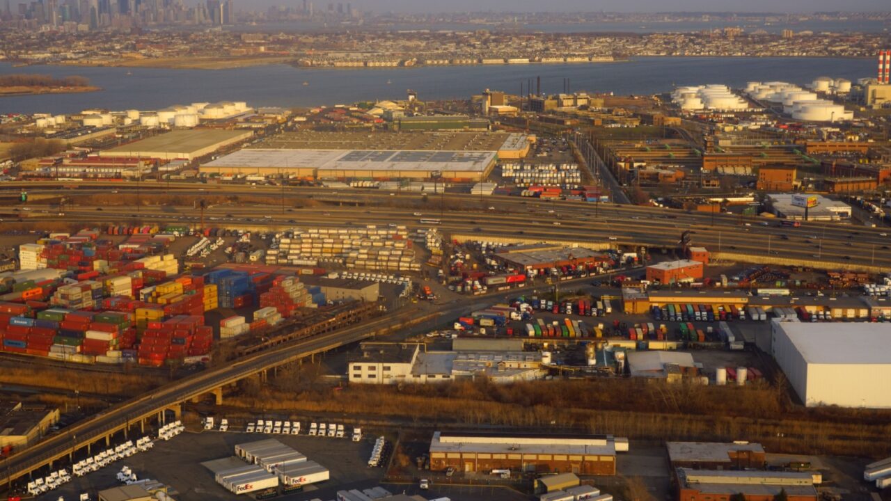 NEWARK, NJ -30 MAR 2019- Aerial view of the New Jersey turnpike and Port Newark in Elizabeth near Newark Liberty International Airport (EWR).