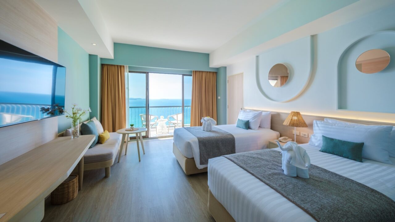 Pattaya Thailand December 2022, modern hotel bedroom with sea view in minimal Bali style