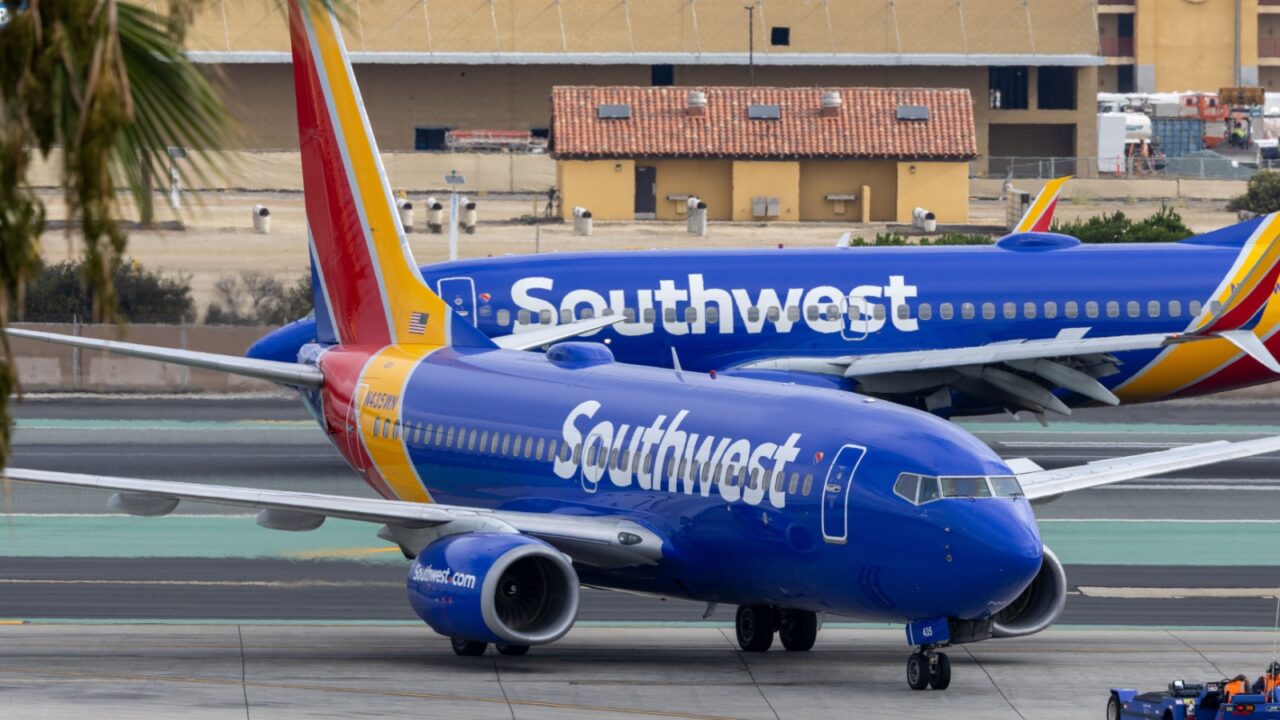 San Diego, California USA — September 19, 2025: Southwest Airlines Boeing 737-700 taxiing at San Diego International Airport (SAN) with another Southwest 737 in the background.