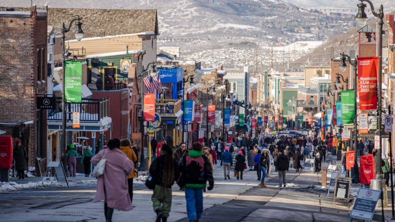 Park City, Utah USA - 01-27-25: people walking on main street during Sundance Film Festival