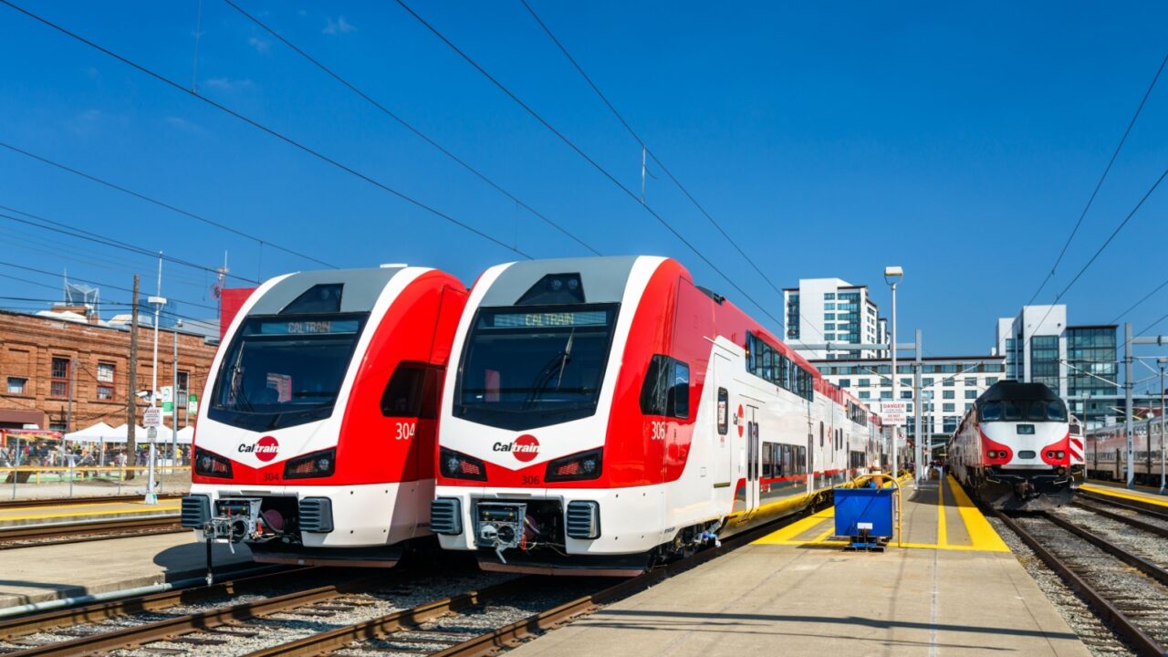 New electric trains at San Francisco Station. Stadler KISS EMUs started operation on August 11, 2024 after completion of the Caltrain Electrification Project