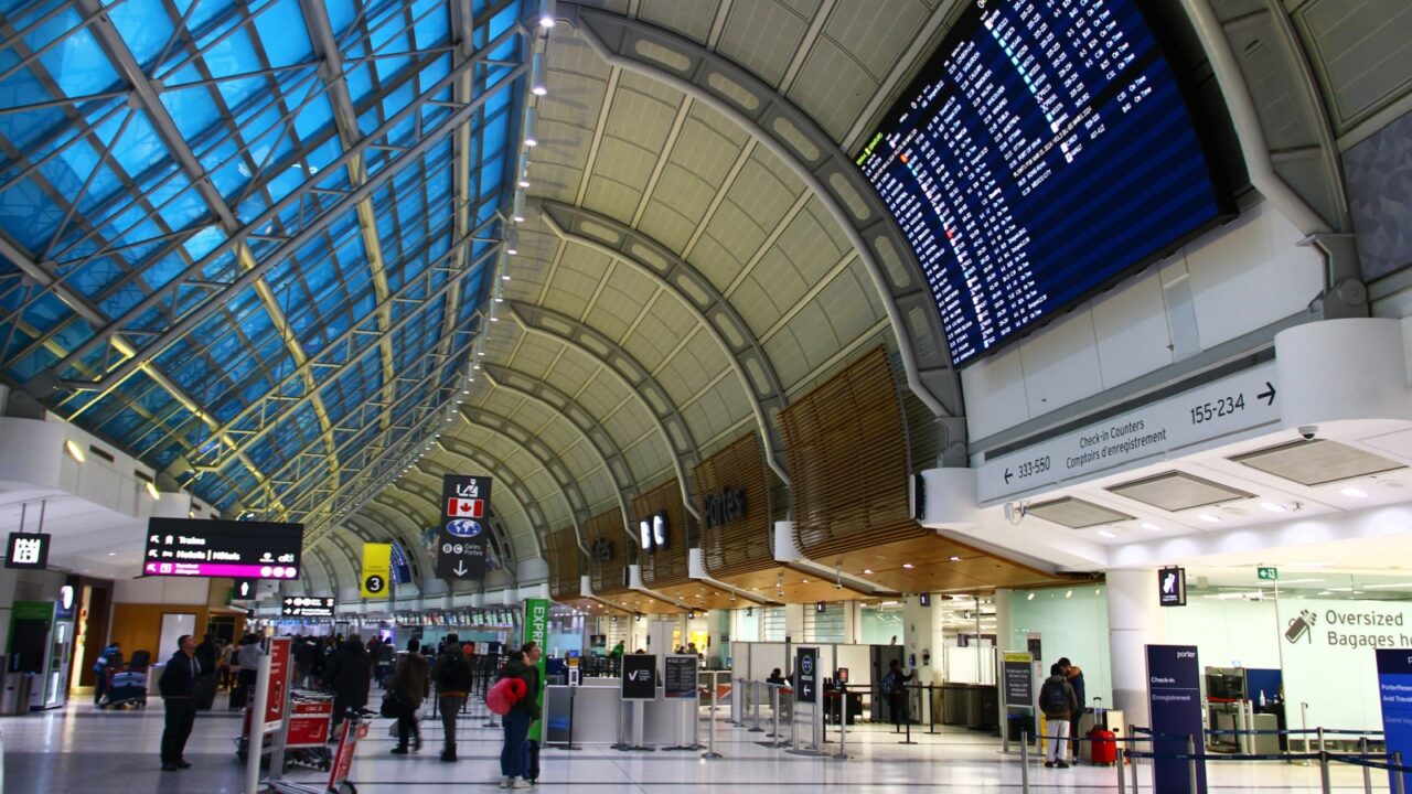 Toronto, Canada - March 5, 2024: Interior of Terminal 3 of Toronto Pearson International Airport, the main airport serving Toronto, Ontario