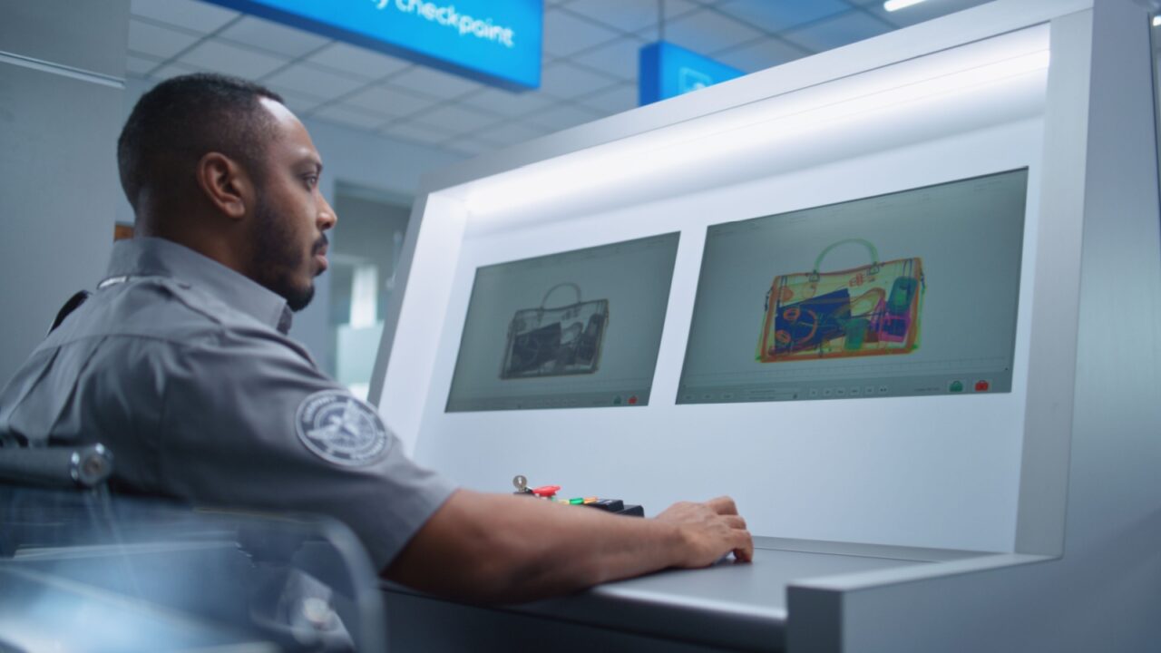 African American Security Officer Controls Luggage Screening on Computer Monitors Using Modern Program. Advanced X-ray Scan on Conveyor Belt at Airport Security Checkpoint for Plane Flight. Dolly Shot