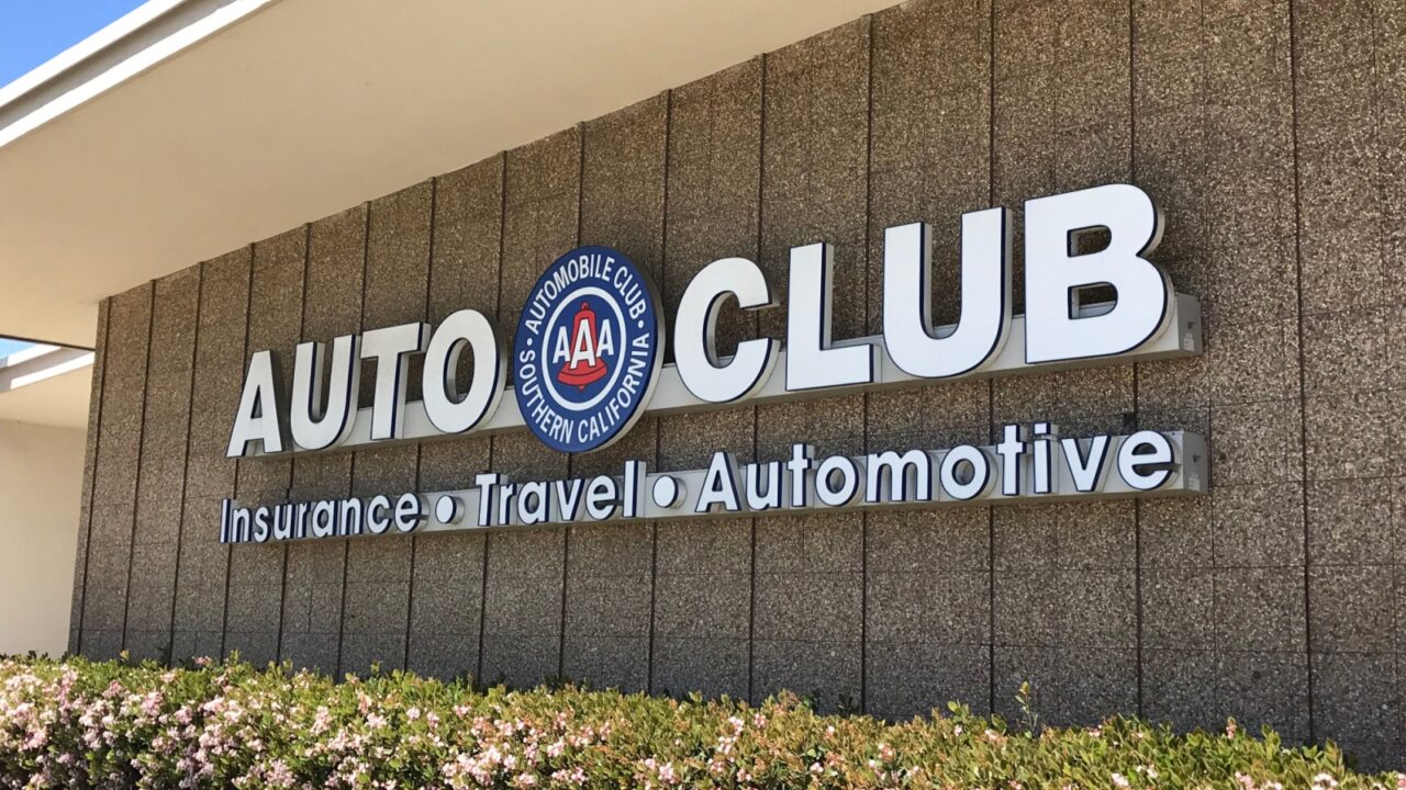 LOS ANGELES, April 6th, 2019: AAA Auto Club Southern California exterior logo and sign close up at the auto club's branch office building in Culver City, California.