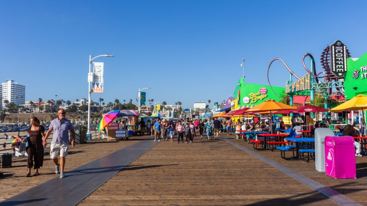 Los Angeles, California, USA, June 21, 2022: The Santa Monica Pier is a large double-jointed pier at the foot of Colorado Avenue in Santa Monica, California.