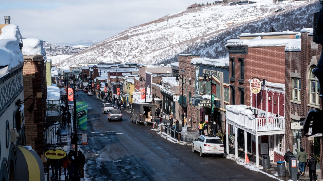 Park City, Utah - January 24, 2023: Park City's main st. from above with a view of the egyptian theatre during winter season.