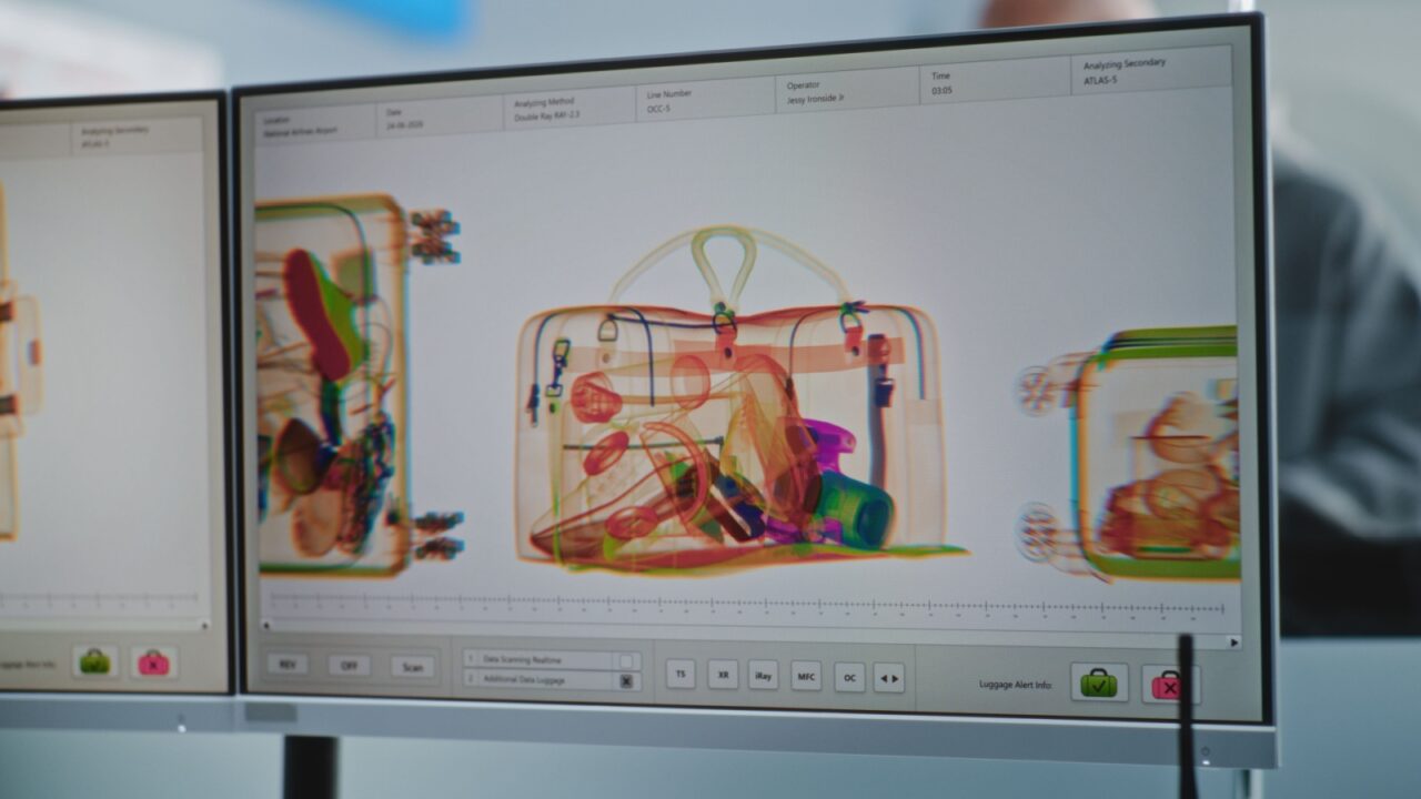 Airport Terminal Checkpoint: Advanced Analyzing Program with X-ray Metal Detector Scanning of Baggage Displayed on Computer Monitor. Rack Focus on Diverse Passengers with Luggage During Security Check