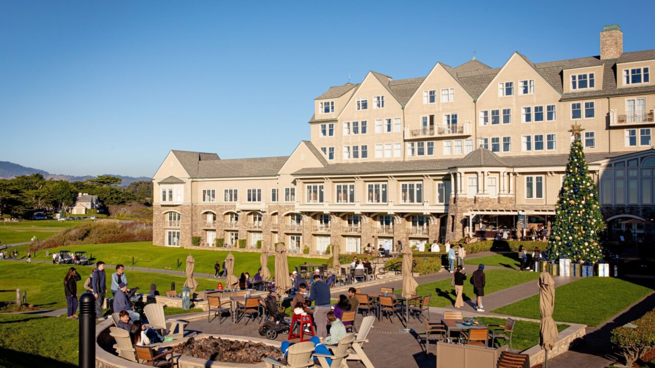 Half Moon Bay, CA US - November 26, 2025: the outdoor terrace and grounds of The Ritz-Carlton, Half Moon Bay, an upscale coastal resort in Half Moon Bay, California