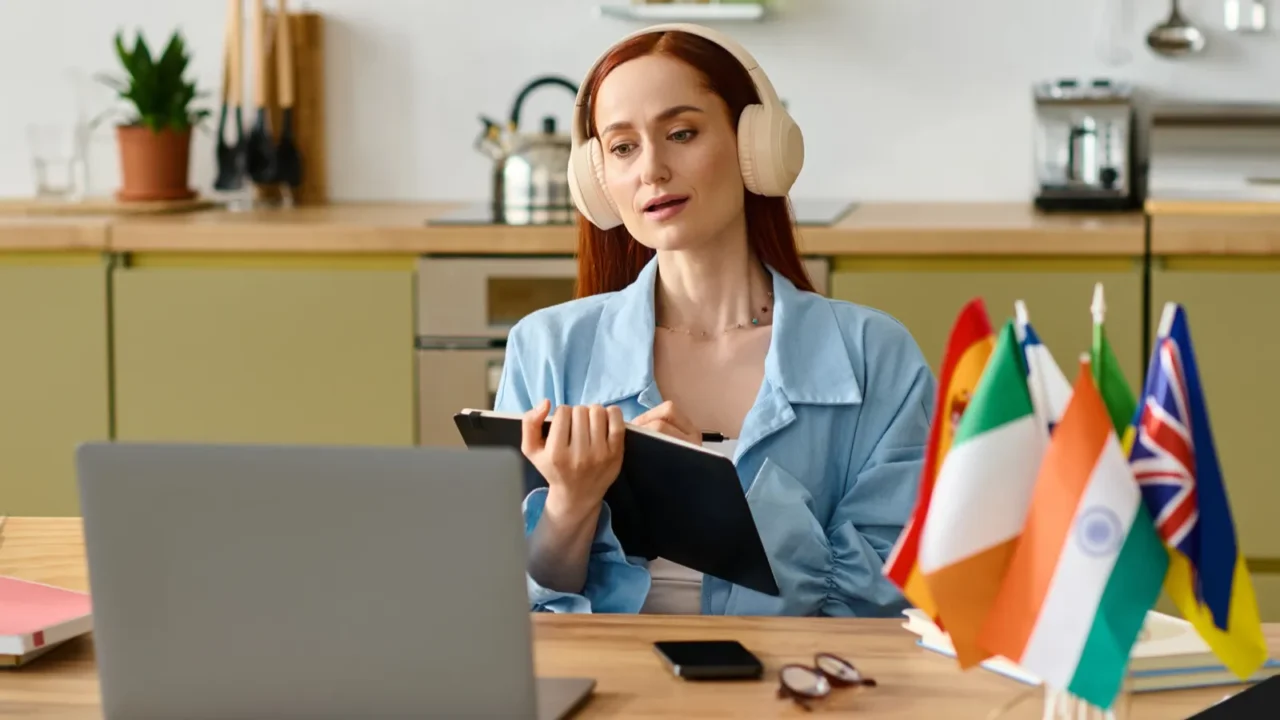a woman with red hair teaches languages online surrounded by