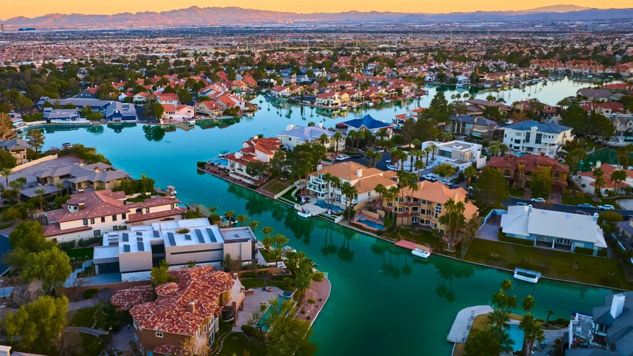 aerial view of a luxurious las vegas neighborhood at golden