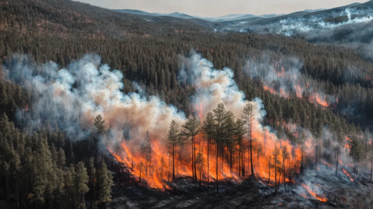 aerial view of an intense forest fire burned pine forest
