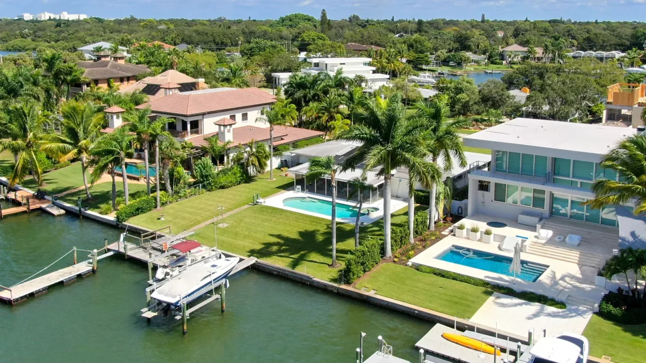 aerial view of bay island neighborhood and luxury villas