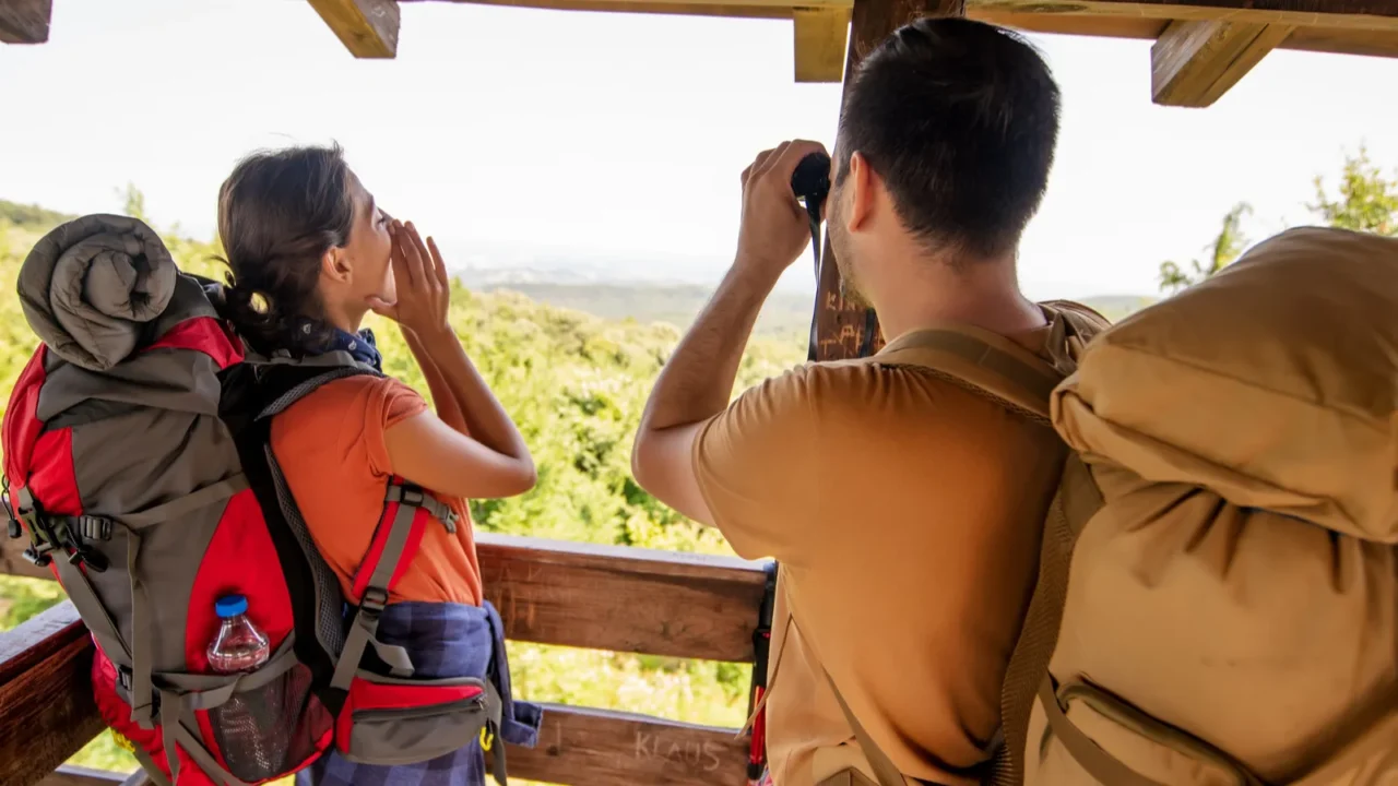 attractive young couple hiking in the forest using binoculars